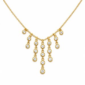 gold chain necklace featuring a clustered fringe of dangling clear stones.