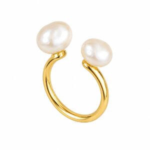 A gold ring featuring an opening and two white pearls.