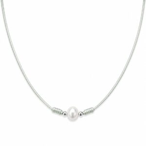 Grey Silk Rope necklace featuring a central freshwater pearl next to small silver beads and decorative wrapped knot details.