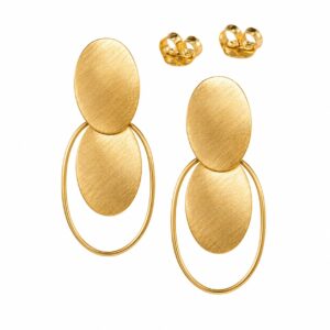 Gold double oval stud earrings with brushed discs and open oval rings