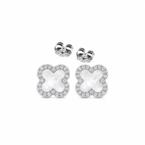 Silver four-leaf clover stud earrings with white mother-of-pearl centres and CZ borders