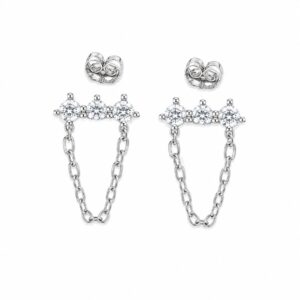 Silver drop earrings featuring three small stones connected by short chain strands.