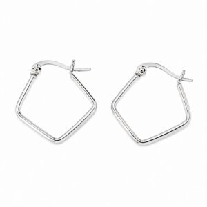 A pair of thin, silver, Pentagon shaped hoop earrings.