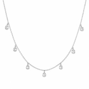 silver chain necklace featuring evenly spaced dangling clear stones.