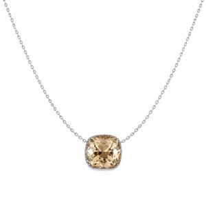 A silver chain necklace featuring a square, champagne-coloured stone pendant.