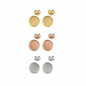 pairs of round flat stud earrings, one gold and one rose gold and one silver, showing butterfly backs.