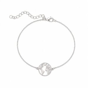 silver chain bracelet with a globe charm featuring an adjustable clasp.