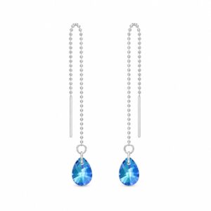 A pair of silver threader earrings with a dangling light blue, teardrop-shaped stone.