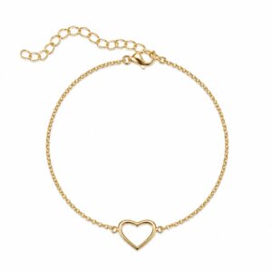 gold chain bracelet with a heart charm featuring an adjustable clasp.