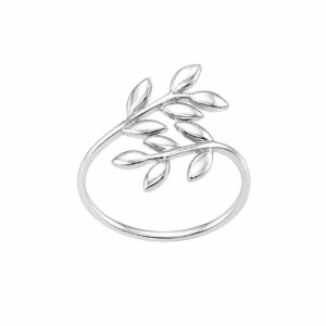 A silver ring featuring an open branch and leaf shape.