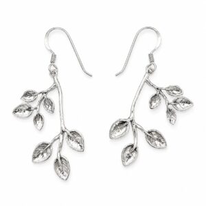 Pair of silver hook earrings with long branching drops and multiple textured leaf charms
