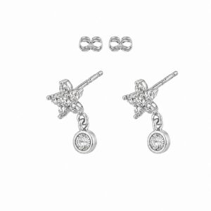 Silver stud flower earrings featuring a dangling round charm