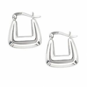 A pair of smooth, silver, rectangular hoop earrings.