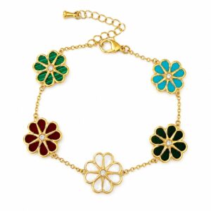gold chain bracelet featuring several evenly spaced, colourful flower charms in shades of green, blue, red, white and black