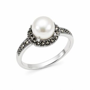 Silver ring with a large white freshwater pearl and marcasite halo