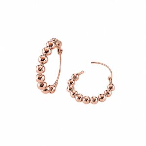 A pair of rose gold hoop earrings made of connected round beads, showing hinged clasps.