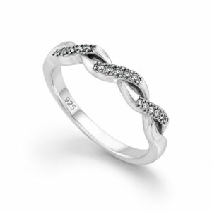 silver ring featuring a twisted, crossover band design paved with small, clear stones.
