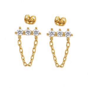 Gold drop earrings featuring three small stones connected by short chain strands.