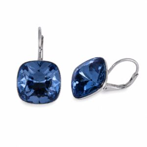 A pair of silver hook earrings featuring a square, dark blue stone.