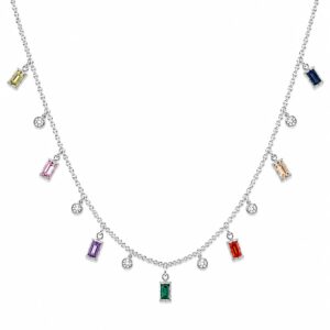 silver chain necklace featuring several dangling, multi-coloured rectangular gemstone charms