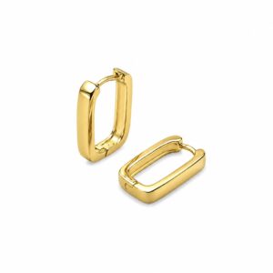 A pair of gold rectangular hoop earrings showing a hinge closure.