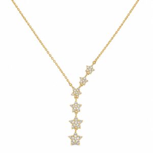 gold chain necklace featuring an asymmetrical cluster of three small star charms paved with clear stones