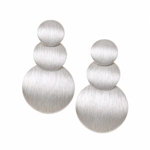 A pair of silver stud earrings featuring three stacked, textured circles.