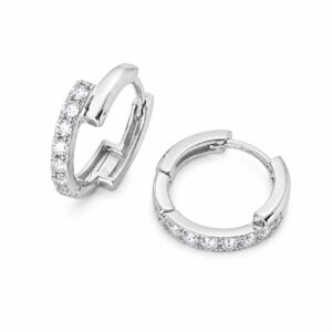A pair of silver hoop earrings featuring a single row of clear stones.