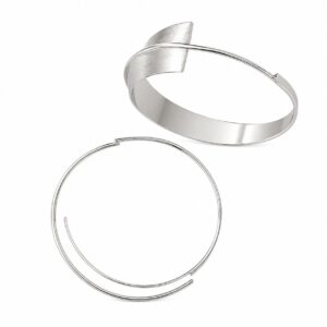 A pair of wide silver hoop earrings showing a wire closure.