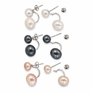 Three pairs of silver stud earrings featuring a small front pearl and a larger back pearl attached to a curved bar, showing stud posts and silver butterfly backs. One pair features white pearls, one pair features dark pearls, and one pair features pink pearls.