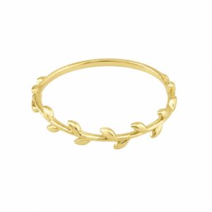 A gold ring featuring a vine and leaf shape.