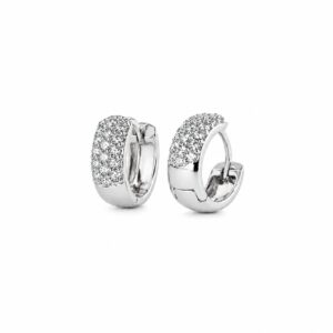 Small silver huggie earrings with three rows of clear CZ stones