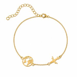 gold chain bracelet with a globe and jet charm featuring an adjustable clasp.