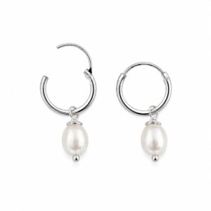Freshwater pearl drop sleeper earrings with polished silver hoops