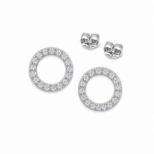 Silver circular hoop stud earrings set with small stones.