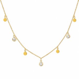 gold chain necklace featuring alternating small dangling solid round disc charms and small dangling round clear stones