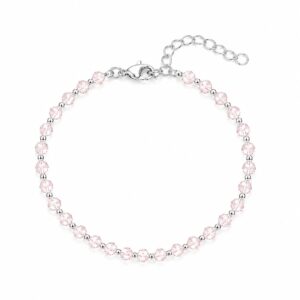 silver chain bracelet featuring evenly spaced, tiny, pink beads, finished with a silver clasp and an adjustable extender chain.