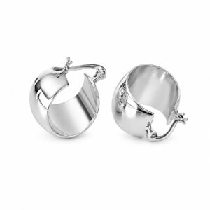 A pair of wide, smooth silver hoop earrings.