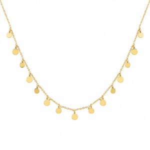 gold chain necklace featuring evenly spaced small dangling solid round disc charms.