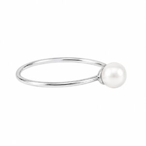 A thin silver ring featuring a white pearl.