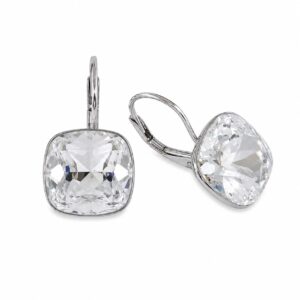Silver leverback earrings with large clear cushion-cut Swarovski crystals
