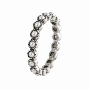 A silver ring featuring round white stones and a textured edge.
