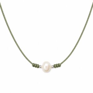 Olive green Silk Rope necklace featuring a central freshwater pearl next to small silver beads and decorative wrapped knot details.