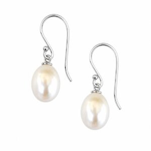 A pair of silver hook earrings featuring a white pearl.