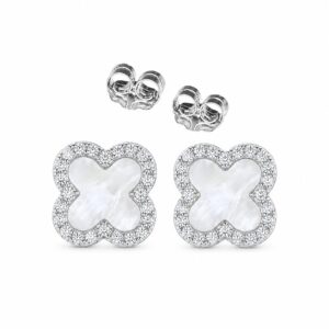 A pair of silver stud earrings featuring a clover design with a white centre.