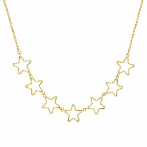 A delicate gold chain necklace featuring a central row of connected open star charms.