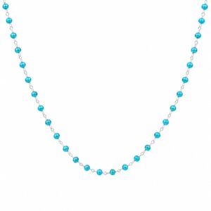 silver chain necklace featuring evenly spaced small blue turquoise beads.