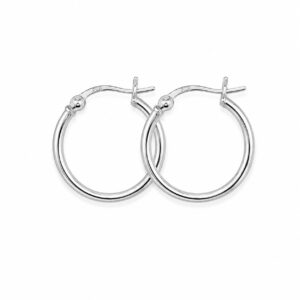 A pair of silver hoop earrings showing a latch closure.
