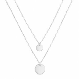 A layered silver chain necklaces with a small solid round disc pendant.