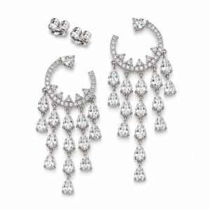 glamorous silver statement earrings featuring a paved crescent design and cascading clear stone drops.